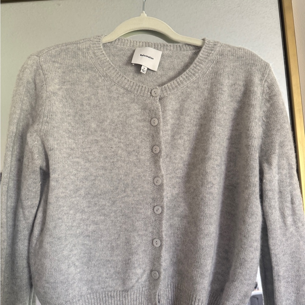 Reformation Clara Cashmere Light Gray Button-Up Crewneck Cardigan